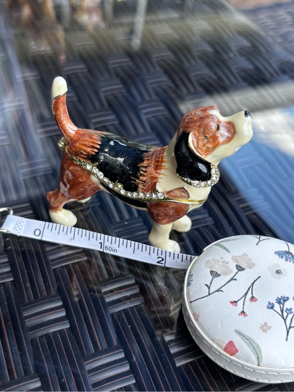 Beagle Dog Trinket Box with Rhinestone Trim - Brown Black Cream